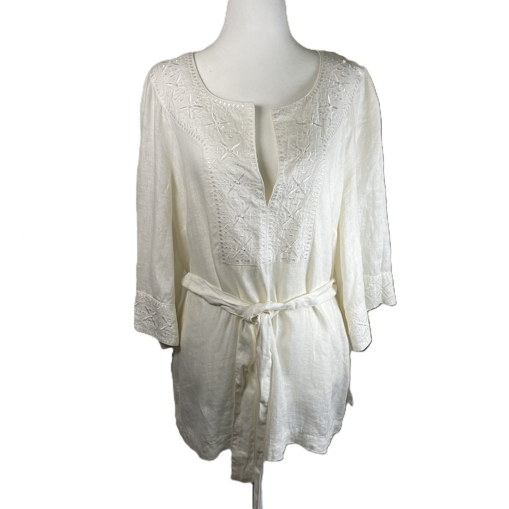 H&M Embroidered US 16 Linen Tunic Top Cover Up w/ Belt White Beach Resort